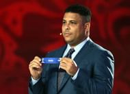 SAINT PETERSBURG, RUSSIA - JULY 25:  Draw assistant Ronaldo holds up the name Brazil during the South American Zone draw at the Preliminary Draw of the 2018 FIFA World Cup in Russia at The Konstantin Palace on July 25, 2015 in Saint Petersburg, Russia.  (Photo by Dennis Grombkowski/Getty Images)